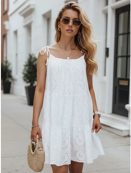 Letné dámske bavlnené šaty s priehľadným vzorom, biele, FashionStreet EY2674 Letné dámske bavlnené šaty s priehľadným vzorom, biele, FashionStreet EY2674