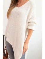 Dámský asymetrický svetr z vlny Plus Size s V výstřihem světlá béžová Dámský asymetrický svetr z vlny Plus Size s V výstřihem světlá béžová
