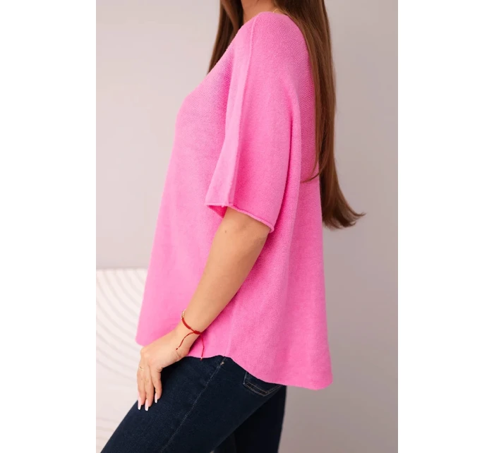 Dámsky sveter s krátkymi rukávmi a výstrihom do V svetloružový