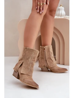 Zamszowe Botki Kowbojki Na Słupku Z Wywiniętą Cholewką Zazoo 3488 Beżowe