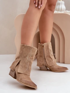 Zamszowe Botki Kowbojki Na Słupku Z Wywiniętą Cholewką Zazoo 3488 Beżowe