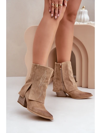 Zamszowe Botki Kowbojki Na Słupku Z Wywiniętą Cholewką Zazoo 3488 Beżowe