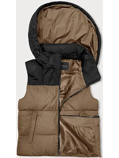 Dámska krátka vesta s kapucňou j.style dark beige-black (16M9112-84)