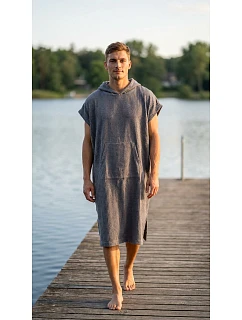Pánske vafľové pončo Saimaa s kapucňou, farba Organic Grey