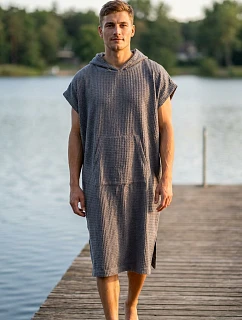 Pánske vafľové pončo Saimaa s kapucňou, farba Organic Grey