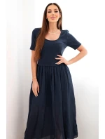 Dámske bavlnené midi šaty s krátkymi rukávmi a rozšíreným spodným dielom tmavomodré