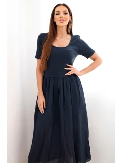 Dámske bavlnené midi šaty s krátkymi rukávmi a rozšíreným spodným dielom tmavomodré