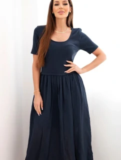 Dámske bavlnené midi šaty s krátkymi rukávmi a rozšíreným spodným dielom tmavomodré
