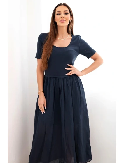 Dámske bavlnené midi šaty s krátkymi rukávmi a rozšíreným spodným dielom tmavomodré