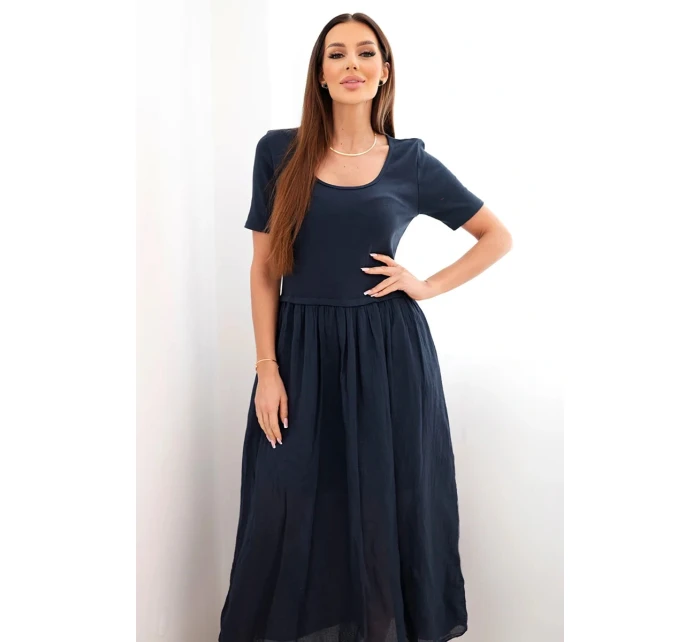 Dámske bavlnené midi šaty s krátkymi rukávmi a rozšíreným spodným dielom tmavomodré