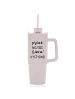 PRÁCA NEVYHOVUJE, KÁVA VYPADÁ SKVELO! - ružový cestovný termohrnček s priehľadným viečkom 900 ml