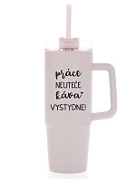 PRÁCA NEVYHOVUJE, KÁVA VYPADÁ SKVELO! - ružový cestovný termohrnček s priehľadným viečkom 900 ml