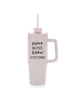 PRÁCA NEVYHOVUJE, KÁVA VYPADÁ SKVELO! - ružový cestovný termohrnček s priehľadným viečkom 900 ml