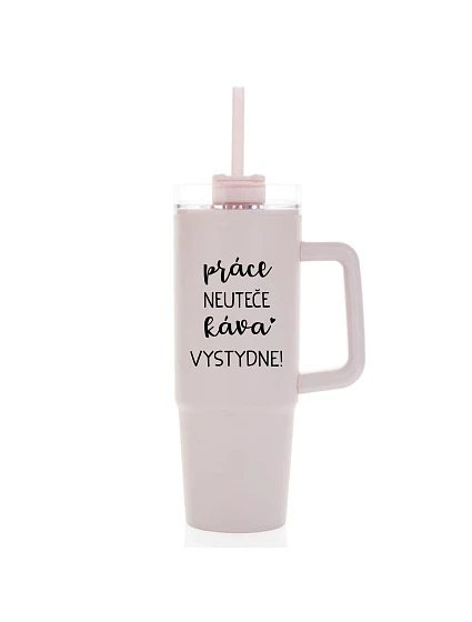 PRÁCA NEVYHOVUJE, KÁVA VYPADÁ SKVELO! - ružový cestovný termohrnček s priehľadným viečkom 900 ml