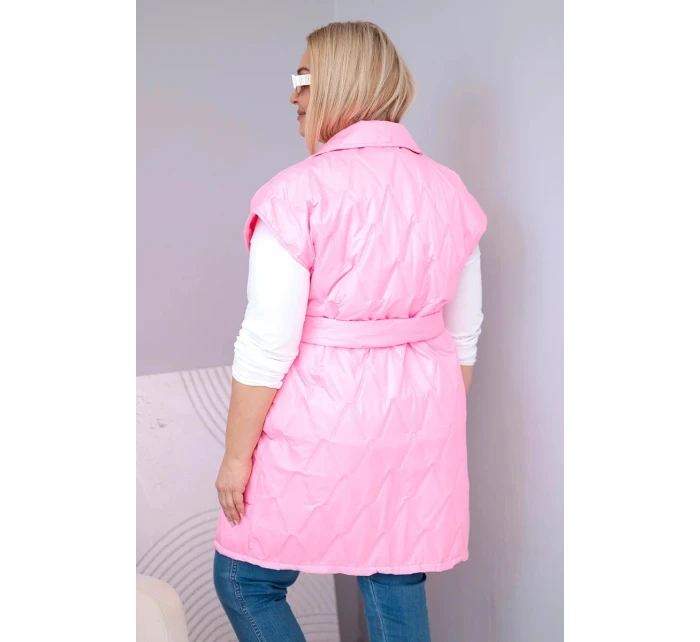 Dámske Plus veľkosť prešívaná vesta s opaskom a golierom svetlo ružová