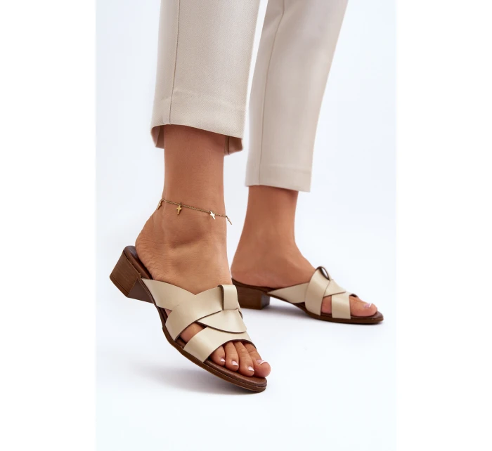 Zazoo 40236 Skórzane Klapki Damskie Na Niskim Obcasie Beżowe