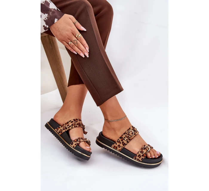 Klapki Damskie w Panterkę Na Platformie Z Paskami I Klamrami Brązowe Ziferte Klapki Damskie w Panterkę Na Platformie Z Paskami I Klamrami Brązowe Ziferte