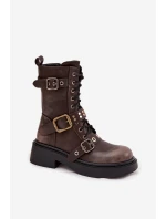 Ocieplane Botki Workery Damskie Z Klamrami Brązowe Marisse