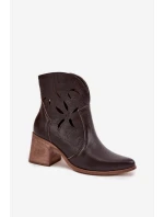 Botki Damskie Ażurowe Z Naturalnej Skóry Na Słupku Zazoo 3690 Czekoladowe