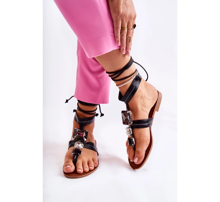 Wiązane Sandały Japonki Z Kryształami Czarne Shendon