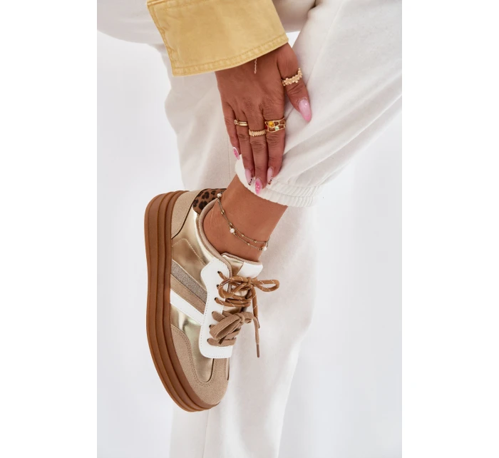 Sneakersy Damskie Na Platformie Z Podwójnym Sznurowaniem Panterka Złote Niteria Sneakersy Damskie Na Platformie Z Podwójnym Sznurowaniem Panterka Złote Niteria