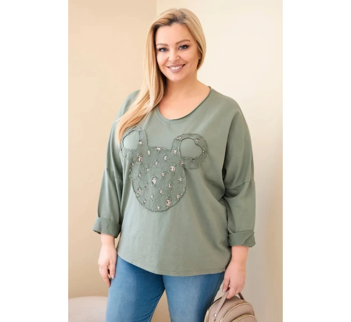 Dámská bavlněná blůza Plus Size s V výstřihem khaki
