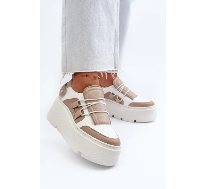 Zazoo 1833 Sneakersy Damskie Skórzane Na Masywnej Podeszwie Beżowo-Białe