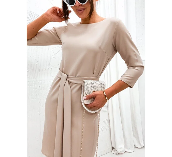 Klasické béžové šaty s opaskom na zaväzovanie (701)