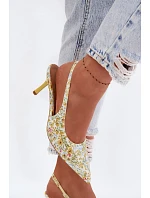Zdobené dámské sandály na podpatku s květinovým vzorem Žluté model 22103138 - Boto