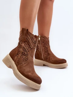 Zazoo Dámske semišové čižmy na plochom podpätku, ažurové, hnedé