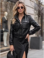Dámska kožená bomberová bunda na prechodné obdobie, čierna, FashionStreet TY5856