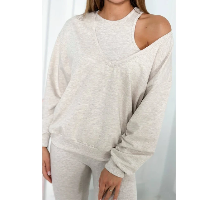 3-dielny set blúzka + top + legíny béžová melanž