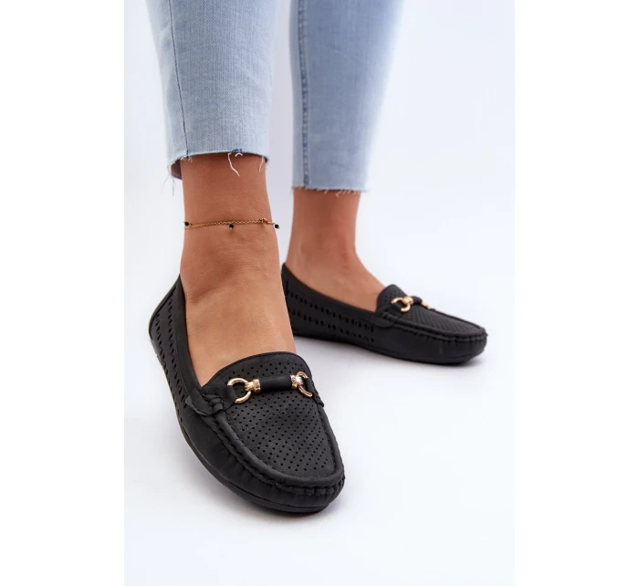Mokasyny Damskie Ażurowe Z Ozdobą Czarne Kaydance