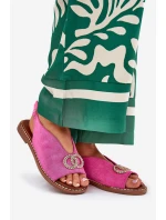 Sandały Damskie Z Ozdobą Na Płaskim Obcasie Eko Zamszowe Różowe Ralisses