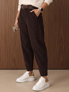 Dámské manšestrové kalhoty s elastickým pasem v čokoládové barvě FashionStreet UY3165