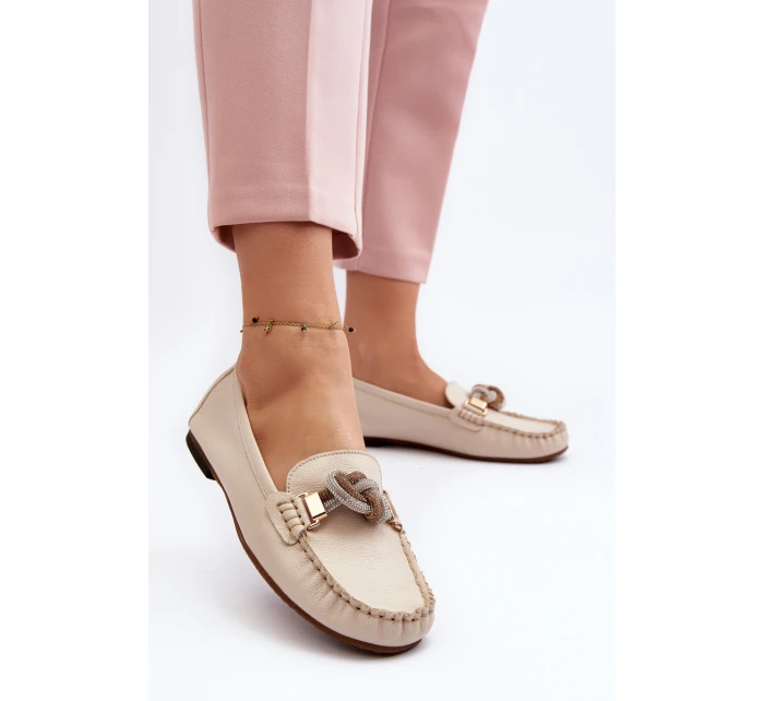 Dámské kožené mokasíny s ozdobou model 21648246 béžové - Laura Messi