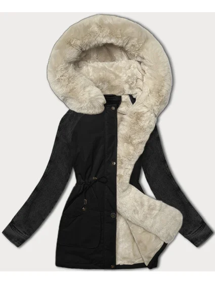 Dámska čierno-béžová džínsová bunda s rukávmi Way Mode (WD202301)