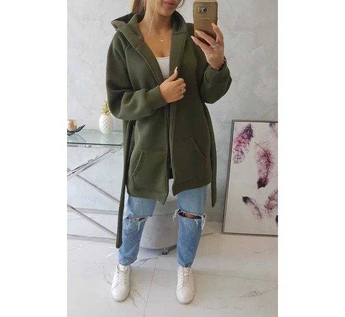 Zateplená bunda s vázáním v pase khaki barvy