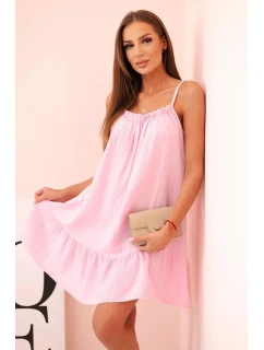 Dámske mušelínové šaty s ramienkami a volánom candy pink
