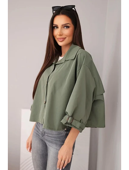 Dámska jarná bavlnená bunda s golierom na gombíky khaki