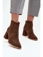 Botki Z Naturalnego Zamszu Obcas Słupek Ocieplane Brązowe Zazoo 3128