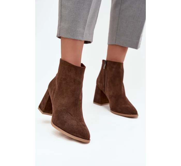 Botki Z Naturalnego Zamszu Obcas Słupek Ocieplane Brązowe Zazoo 3128