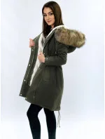 Dámská zimní bunda parka v army barvě s kapucí a odepínací kožešinovou podšívkou model 21242121 - Libland