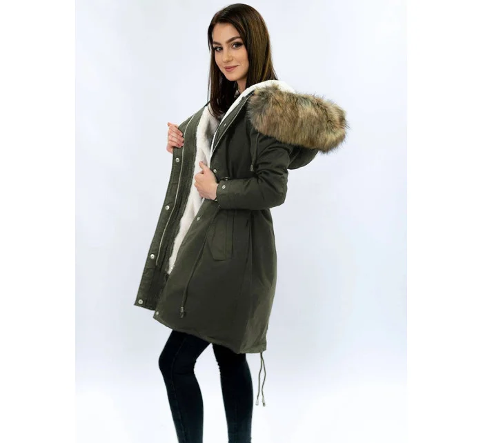 Dámská zimní bunda parka v army barvě s kapucí a odepínací kožešinovou podšívkou model 21242121 - Libland