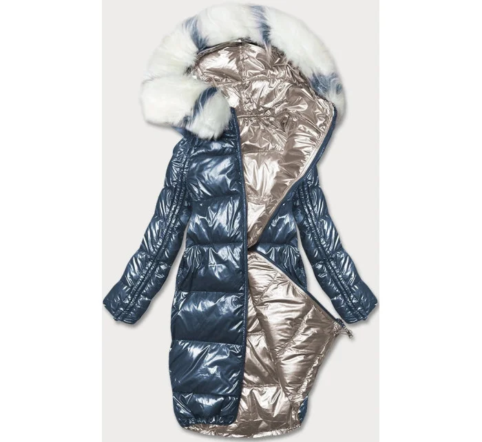Obojstranná metalická zimná bunda tmavomodrá a béžová (p21-7901-99+62)