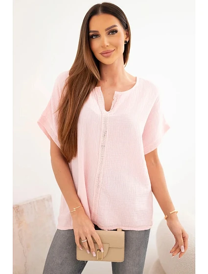 Dámská bavlněná oversize halenka s V výstřihem a krajkou candy pink Dámská bavlněná oversize halenka s V výstřihem a krajkou candy pink