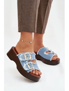 Dámske papuče na platforme 100-486 Džínsová modrá s čiernou - Joalice Paris