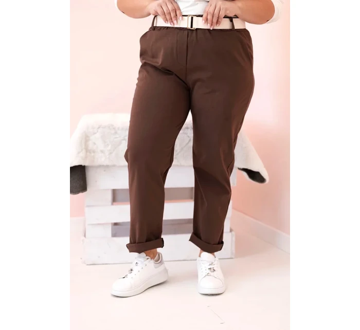 Dámske Plus veľkosť bavlnené nohavice s opaskom Brown Dámske Plus veľkosť bavlnené nohavice s opaskom Brown