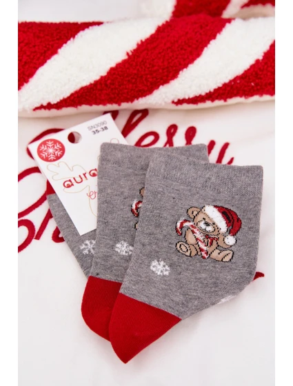 Dámské vánoční ponožky sněhové vločky medvěd v čepici Santa Claus tmavě šedé