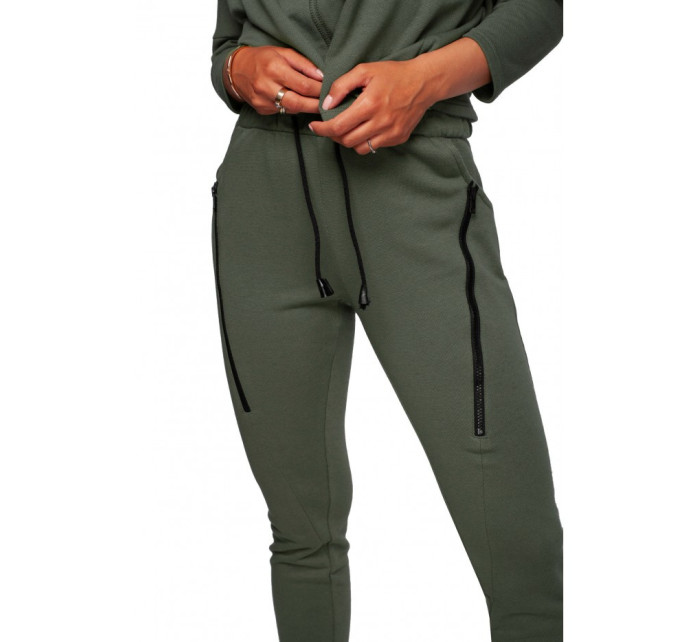 B240 Úzke pletené nohavice s ozdobnými zipsami - khaki farba